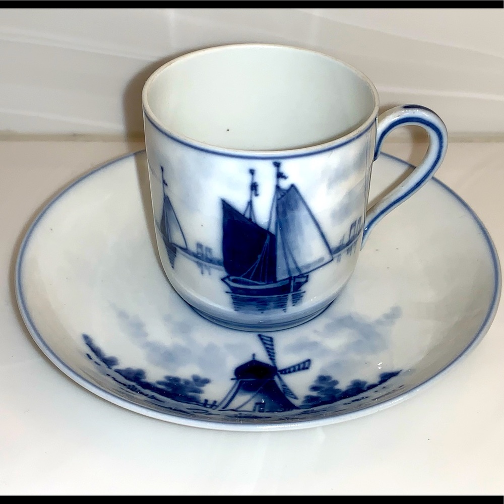 Vintage Delfh Cup Saucer Blue White Windmill Sails
